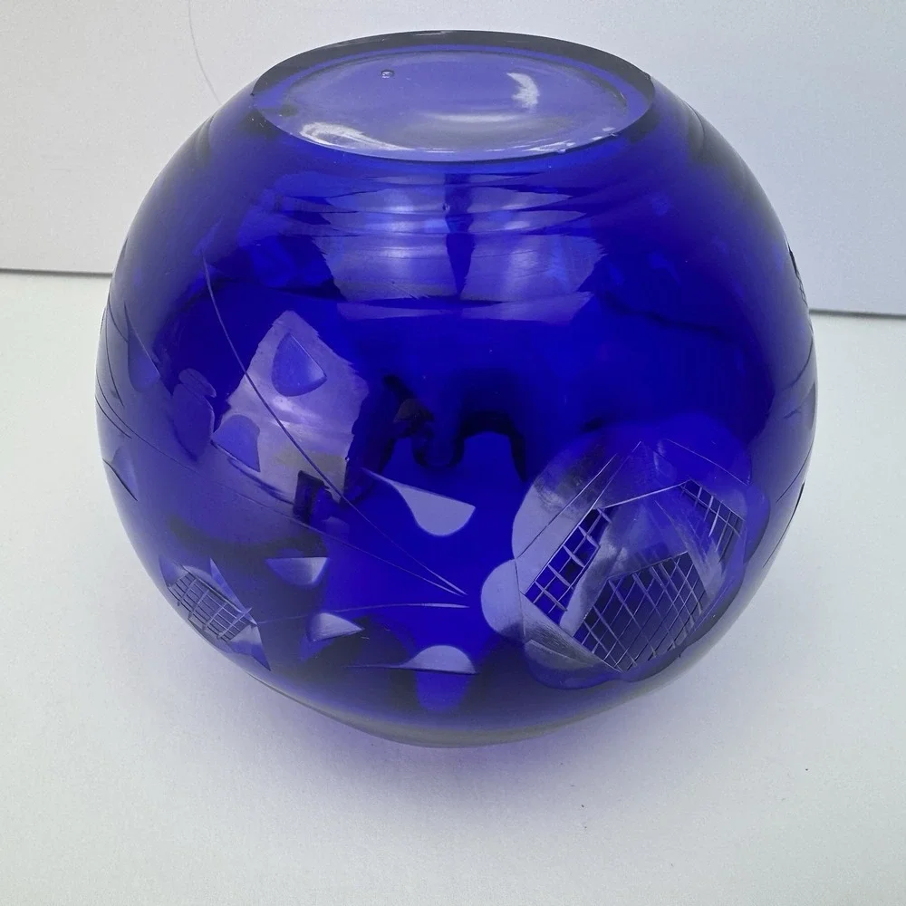 Cobalt Blue Rose‎ Bowl Dish Cut to Clear Crystal Ruffle Pinched Vase